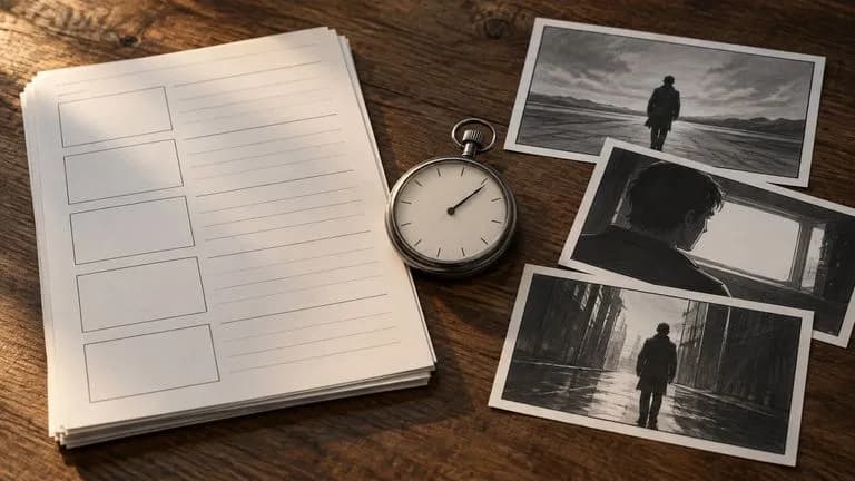 Concept illustration: Film-production tabletop with blank shot-list sheets, a pocket stopwatch with an unmarked dial and three storyboard photographs, no numerals, prices or text