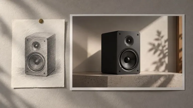 Concept illustration: A physical reference photograph of a graphite speaker pinned beside a clean wider studio print, one approved opening-frame art direction, no wording