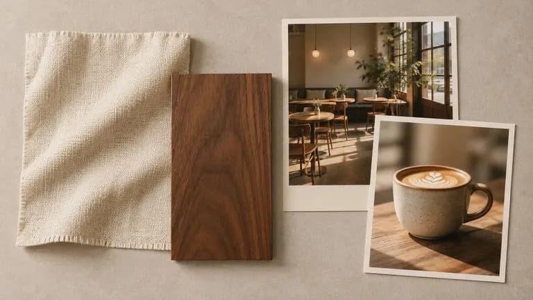 Concept illustration: Tactile reference board with cream linen, a walnut wood sample, a cafe interior photograph and a ceramic cup photograph; no screen or labels