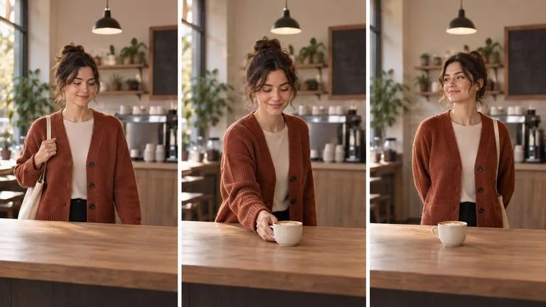 Concept illustration: Three-panel storyboard concept following the same fictional woman in a rust cardigan as she approaches a counter, places a cream cup and steps back, identity and cafe background consistent