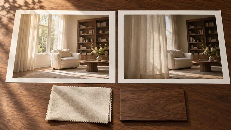 Concept illustration: Physical production-reference tabletop with a large printed opening-frame photo of a cream reading room, a matching closing-frame photo with its curtain half open, a cream linen sample and walnut mate