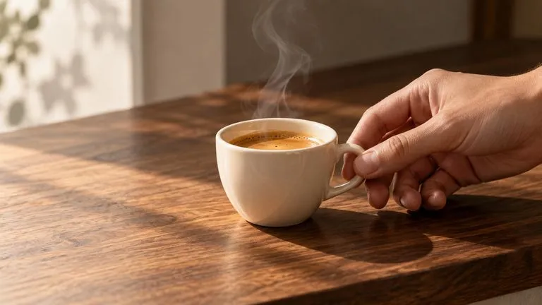 Concept illustration: Static scene concept of a cream espresso cup settling on walnut counter beside a natural human hand, contact shadow and fine steam suggest action, no audio symbols or motion arrows