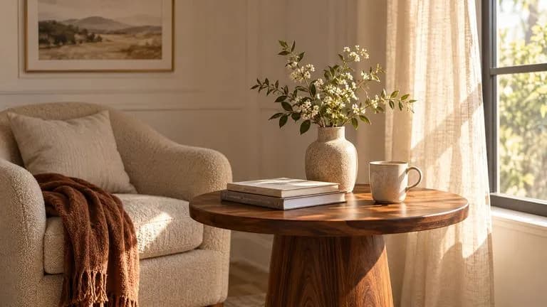 Concept illustration: Single static closing-frame concept in a cream reading room with curtain drawn halfway to right, warm sunlight on a walnut side table, camera fixed at eye level