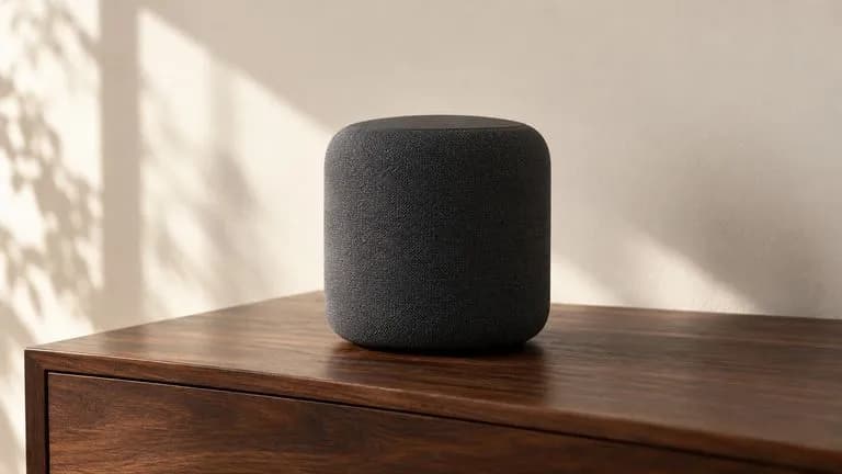 Concept illustration: Single static hero scene of a graphite speaker on a dark walnut table with a cream wall and soft side light; clean approved opening-frame composition