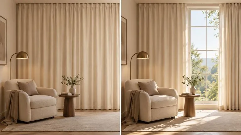 Concept illustration: Two-panel static scene concept: first panel shows a closed cream curtain, second shows the same curtain half drawn revealing a tall sunlit window; identical reading-room geometry