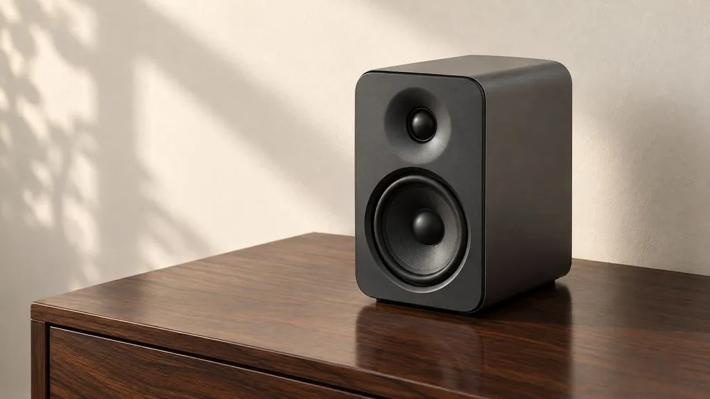 Concept illustration: graphite desk speaker on dark walnut table beside plain cream wall; wide three-quarter camera view, subtle soft reflection on top; product fully in frame, no text or logos
