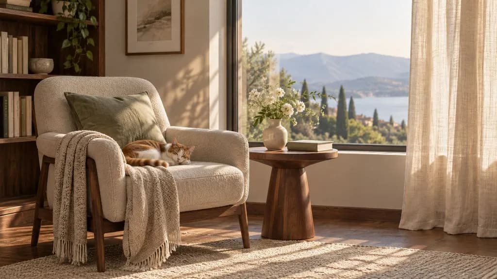 Concept illustration: EXAMPLE EXACT STATIC CLOSING FRAME CONCEPT: quiet cream reading room, tall window with linen curtain half drawn to right, warm sunlight across walnut side table, consistent furniture and geometry, eye