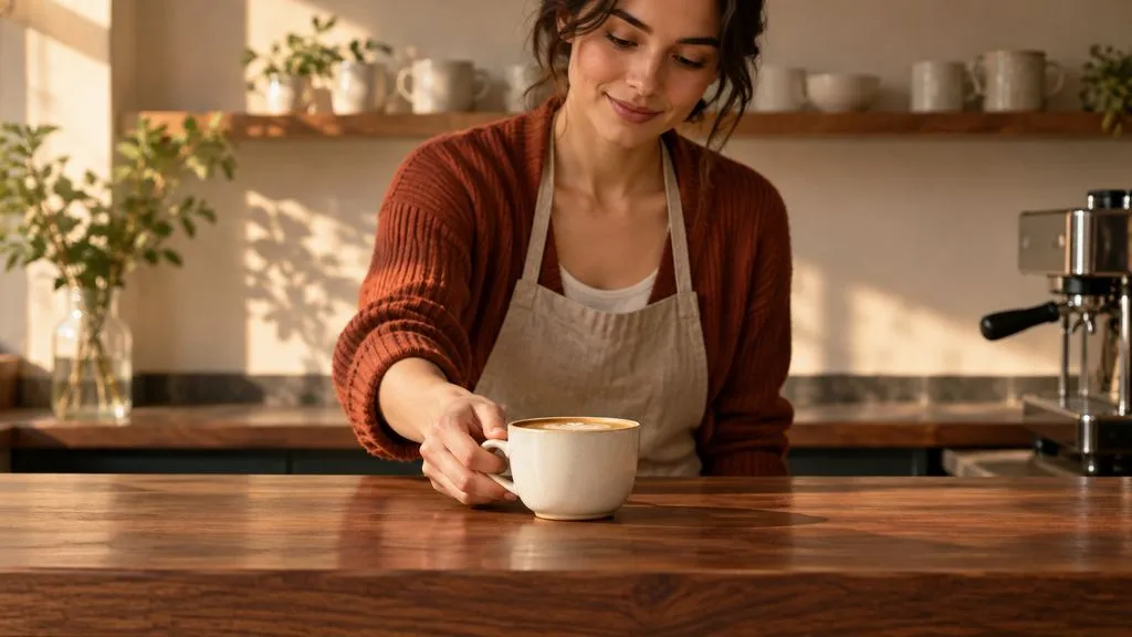 Concept illustration: fictional woman in rust cardigan behind cafe counter places one cream ceramic cup on walnut surface; counter-height fixed view, warm morning light; natural hands and clear contact shadow