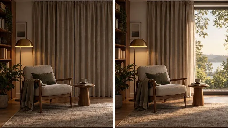 Concept illustration: Diptych of a reading room with a closed curtain at left and the same curtain half open at right, matching composition, static planning illustration rather than generated video frames