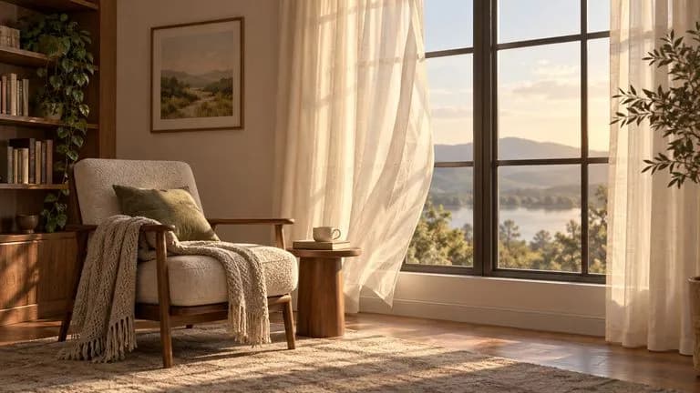 Concept illustration: Static approved-frame concept of a cream curtain moving slightly beside a tall window in a quiet reading room, warm light and consistent room geometry