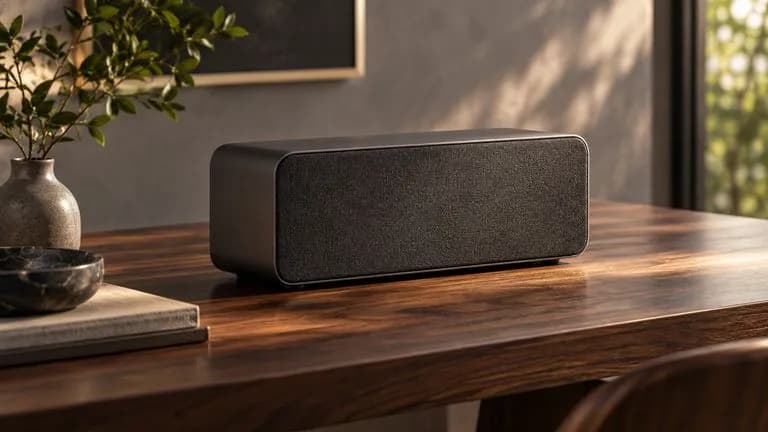 Concept illustration: Static product-reveal concept of graphite desk speaker on walnut table, side key light and soft moving-camera-style perspective depth, no player UI