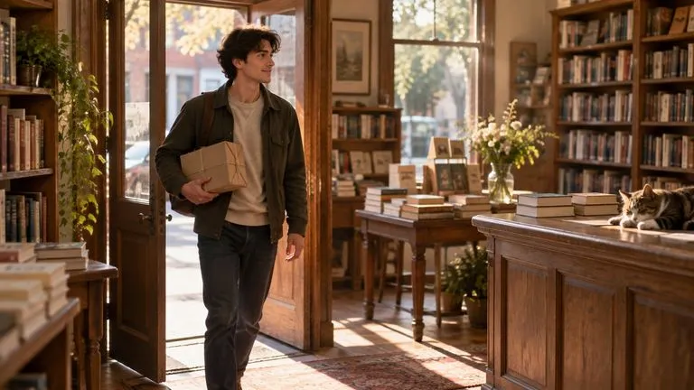 Concept illustration: Static narrative scene concept: a fictional young man enters a quiet sunlit bookshop carrying a closed parcel, one clear story beat, warm natural editorial cinema photography