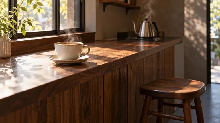 Concept illustration: Static scene concept of a small sunlit cafe with a cream cup on walnut counter, an empty wooden stool and softly steaming kettle in background, calm sound-on or silent scene concept, no sound icons or