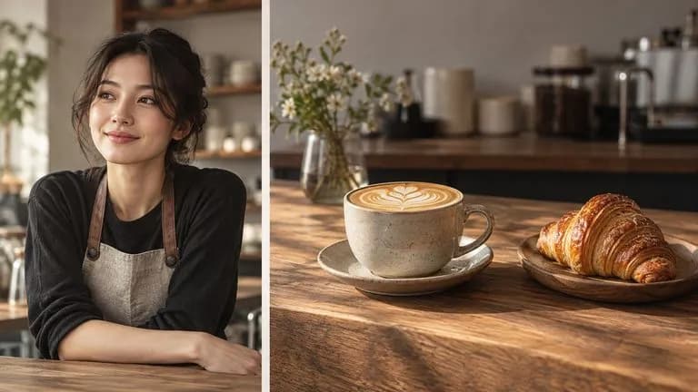 Concept illustration: Horizontal editorial composition with a portrait-oriented photograph of a fictional cafe creator beside a landscape cafe still, quiet counter background and no social app icons