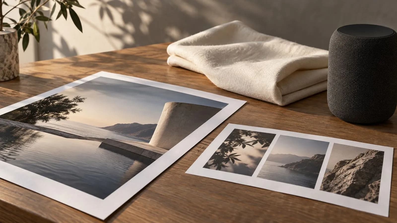 Concept illustration: Physical preproduction desk with a product reference print, a three-shot printed storyboard, folded cream fabric and graphite speaker; editorial production photography, no text or digital controls