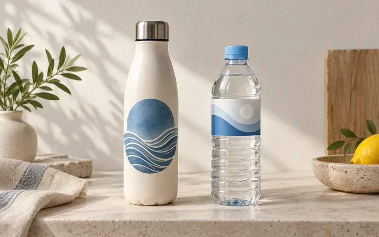 Reusable bottle branding and a bottled water label shown as separate concepts