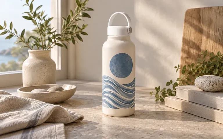 A branded bottle shown with its lid and handle visible