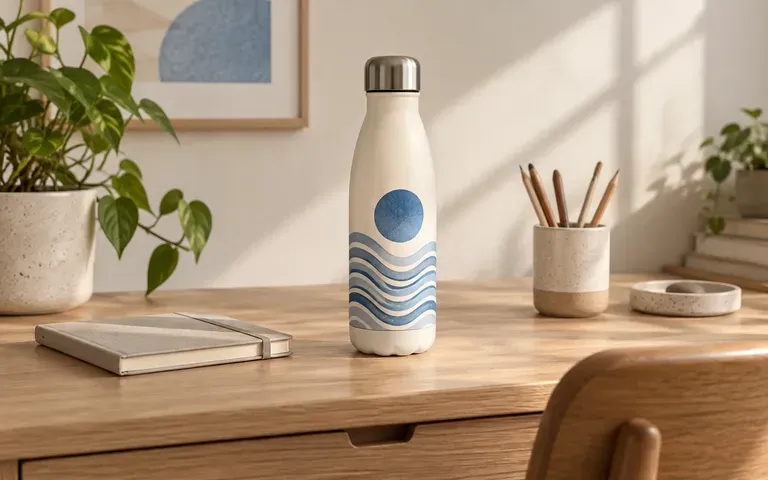 A reusable bottle presented in an everyday desk setting