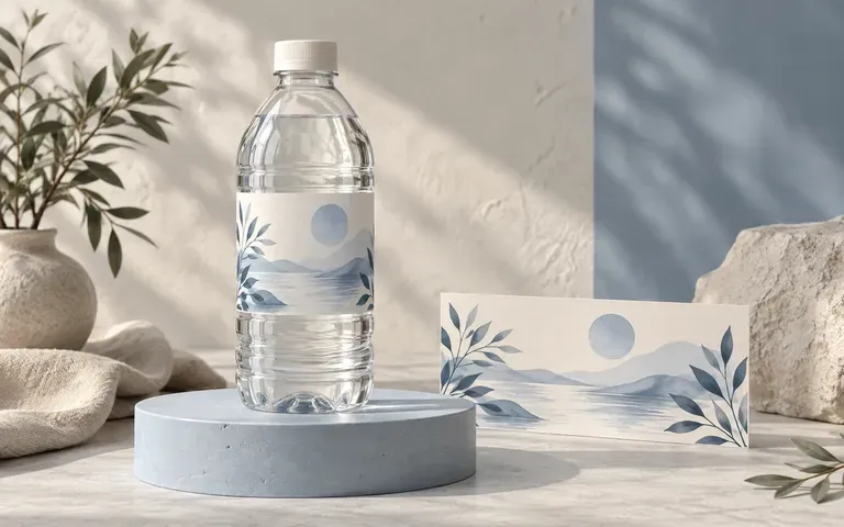 A bottled water label shown around its container