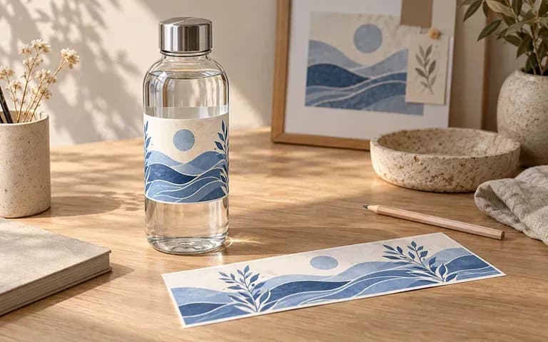 A designer assessing label proportions on a water bottle