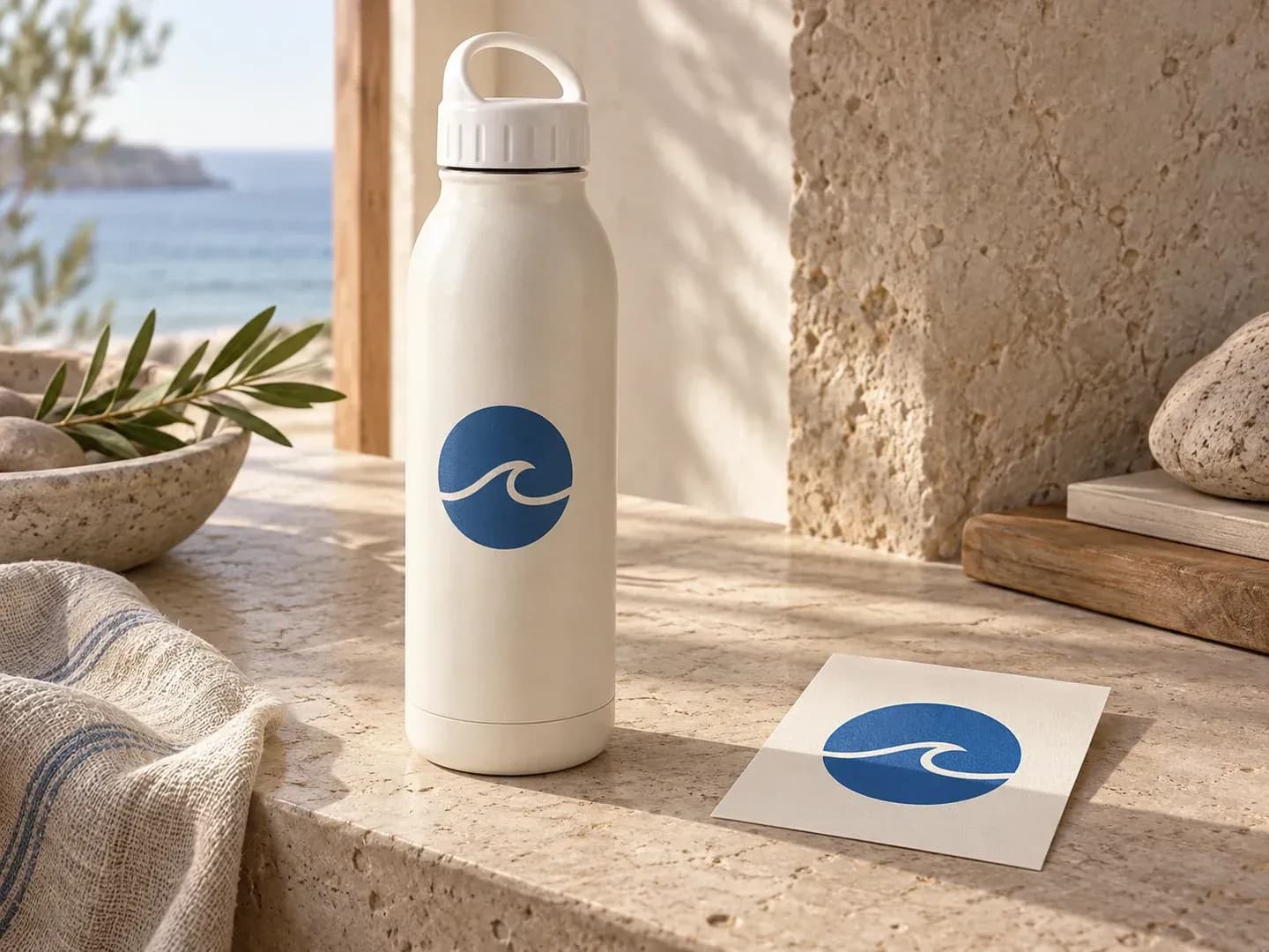 A logo shown on a reusable bottle beside its source artwork
