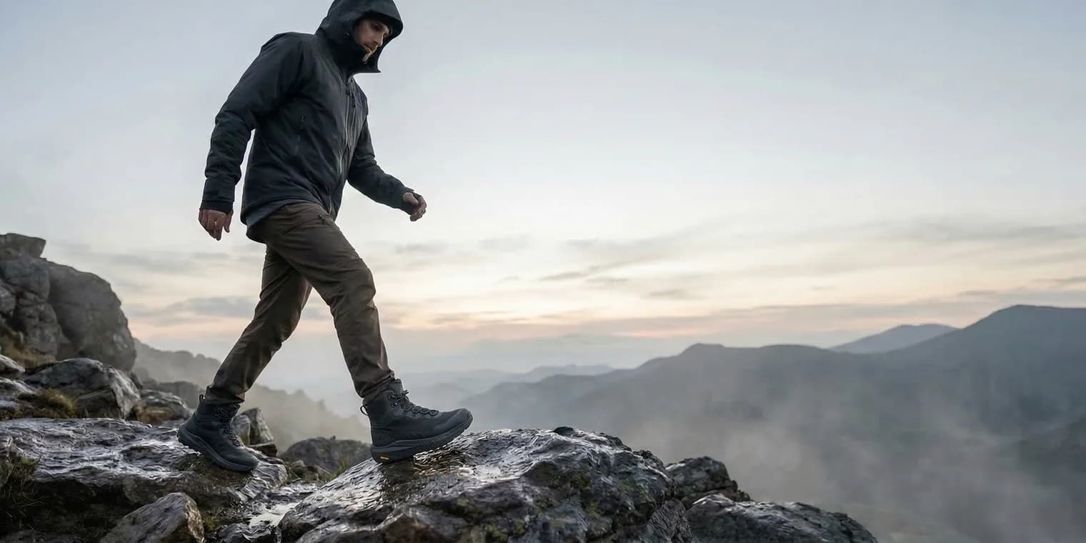 All-terrain footwear campaign hero shot: hiker crossing a mountain ridge