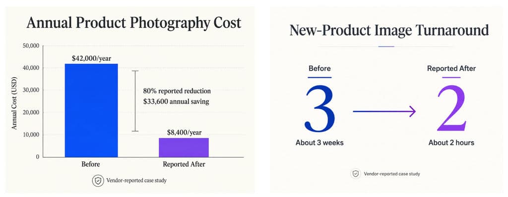 The reported photography saving is $33,600 per year, while the asset library increased 10×.