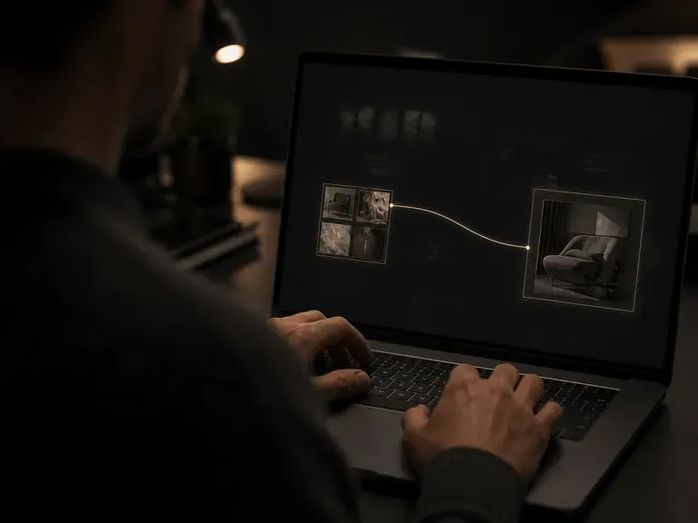 Hands connecting a reference thumbnail to a generated frame on a canvas