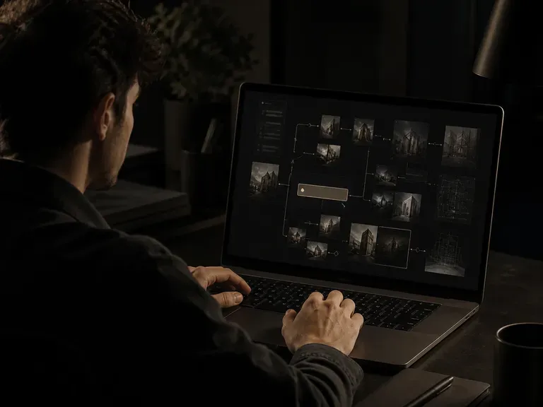 A designer typing a short prompt near an established cluster of references