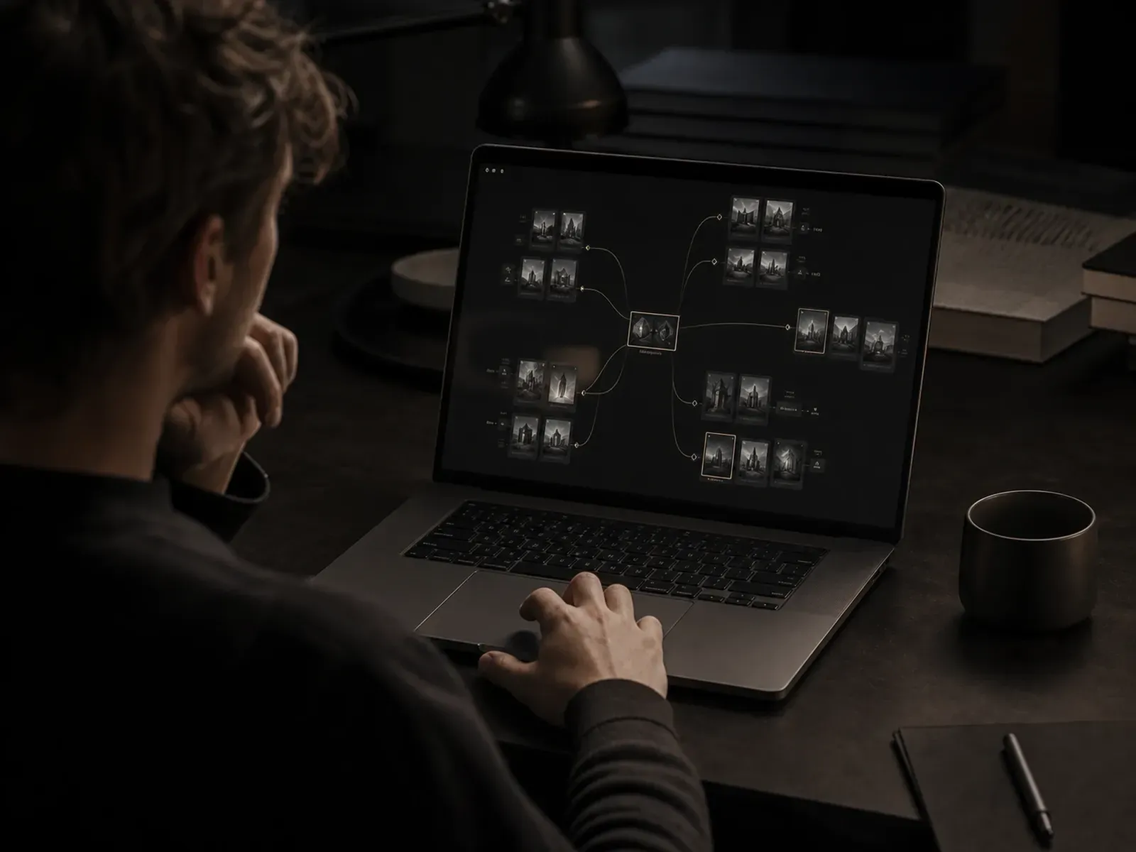 A designer reviewing branching directions on a creative canvas