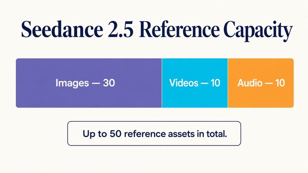 Seedance 2.5 reference capacity chart showing up to 30 image references, 10 video references, and 10 audio references, for a total of 50 reference assets.