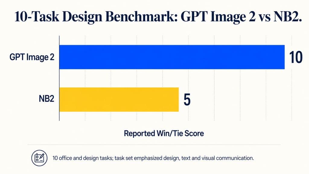 Horizontal bar chart showing GPT Image 2 with a reported win/tie score of 10 and NB2 with a score of 5 across a 10-task office and design benchmark.