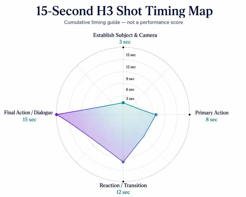 Radar chart showing cumulative timing endpoints at 3, 8, 12, and 15 seconds for four directing beats in a 15-second H3 shot.