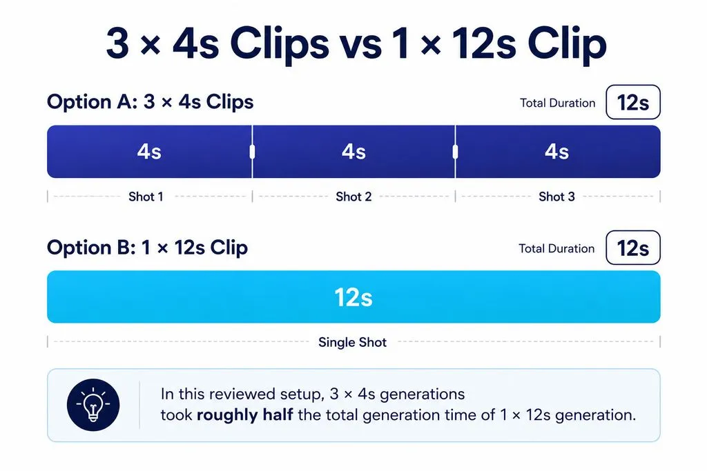 Comparison of three 4-second H3 clips and one 12-second clip. Both approaches create 12 seconds of video, while the reviewed workflow found that the three shorter generations took roughly half the total generation time.