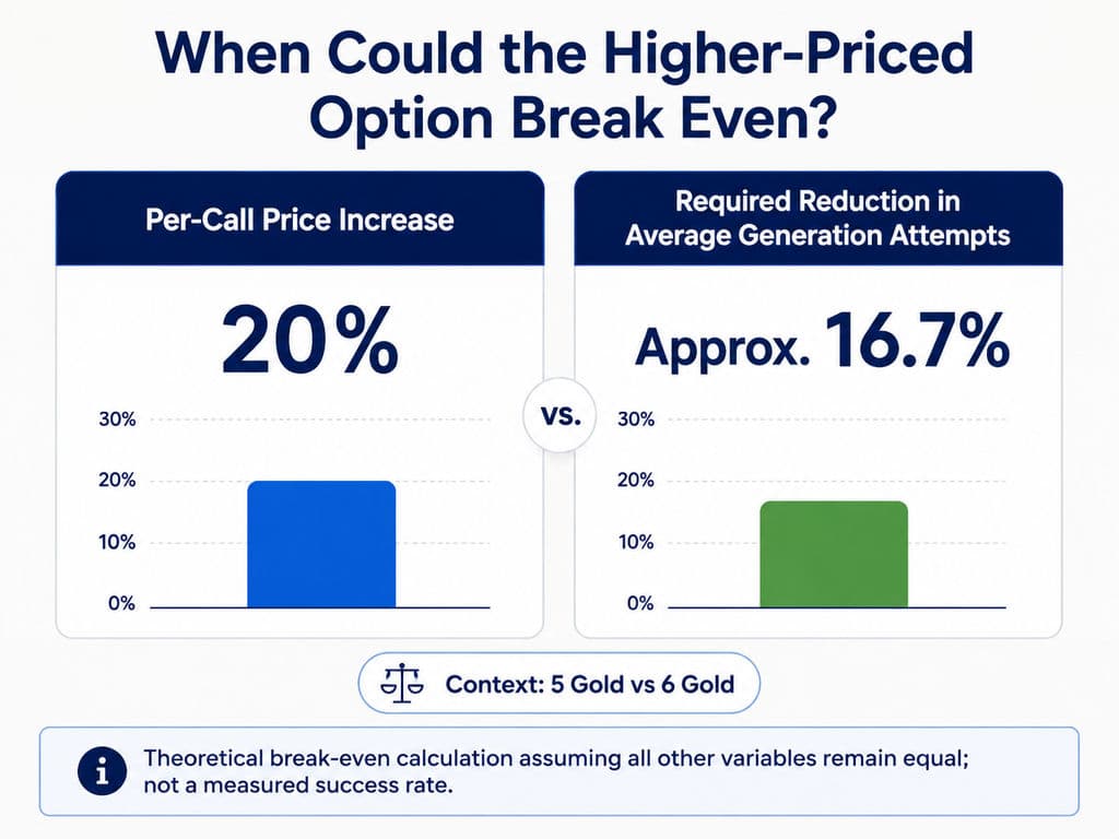 Comparison chart showing a 20 percent per-call price increase from 5 to 6 gold and an approximately 16.7 percent reduction in average generation attempts required for theoretical cost break-even.