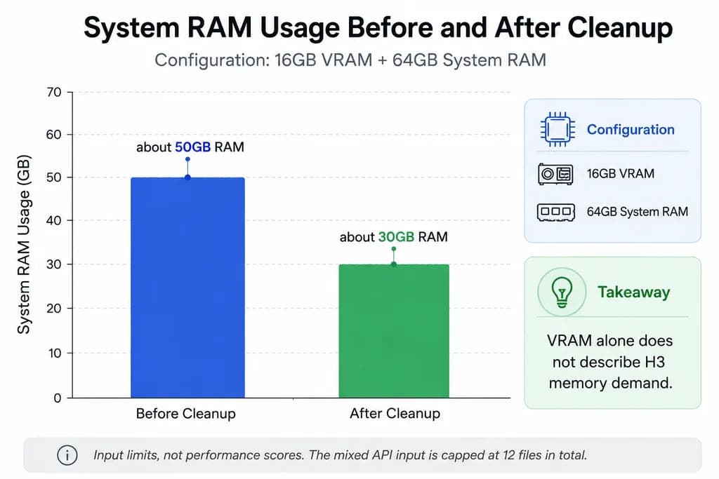 showing system RAM usage in a MiniMax H3 workflow decreasing from about 50GB before cleanup to about 30GB afterward on a system with 64GB RAM and 16GB VRAM.