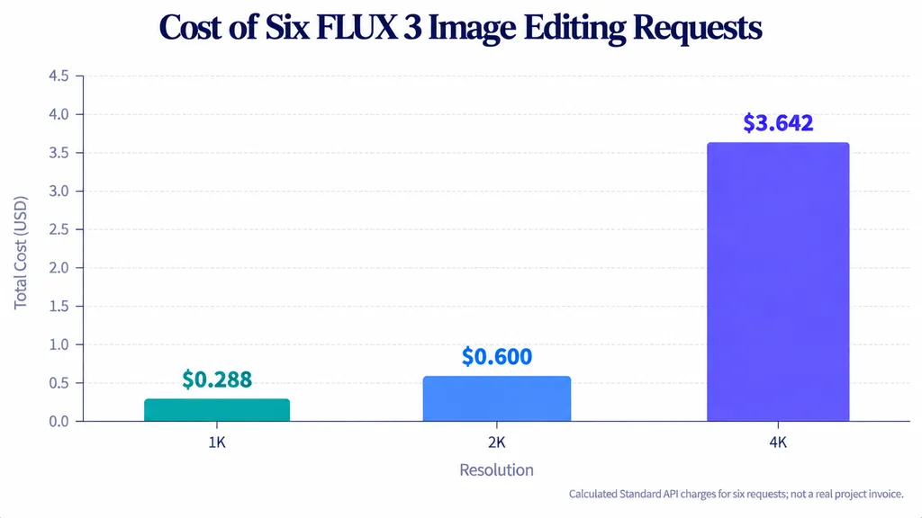 Column chart of six standard FLUX 3 Image editing requests costing $0.288 at 1K, $0.600 at 2K, and $3.642 at 4K.