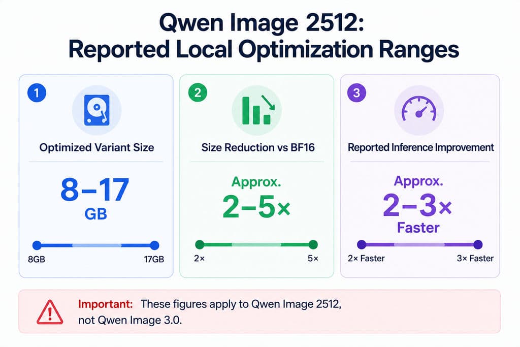 Three-panel range chart showing Qwen Image 2512 community optimization examples of 8 to 17GB variants, approximately 2 to 5 times size reduction versus BF16, and approximately 2 to 3 times faster inference.