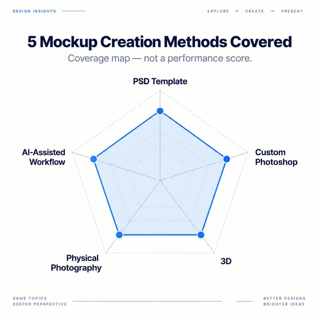 Radar-style coverage map showing the five mockup creation methods discussed in the article, with equal weighting and no performance scoring.