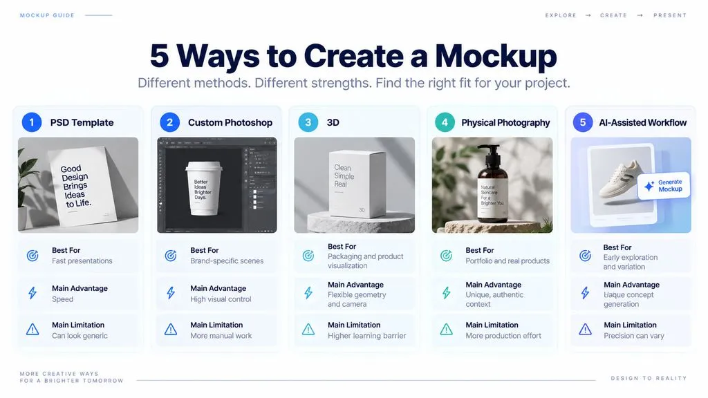 Comparison chart of five mockup creation methods: PSD templates, custom Photoshop, 3D, physical photography, and AI-assisted workflows.