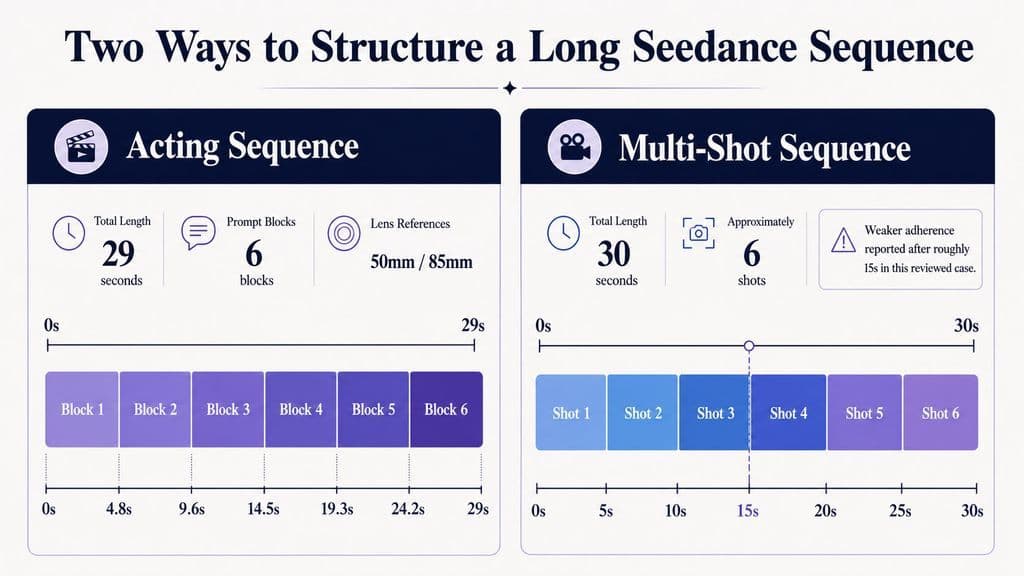 Comparison of a 29-second acting sequence using six prompt blocks and 50mm and 85mm lens language with a 30-second six-shot sequence that showed weaker adherence after roughly 15 seconds in one reviewed workflow.