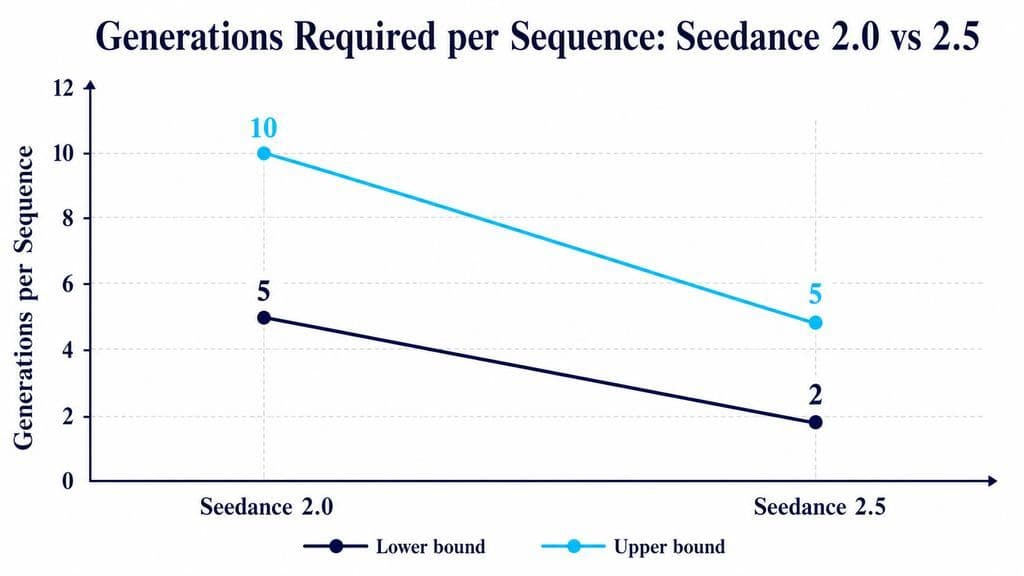 Range line chart comparing generations per sequence: Seedance 2.0 required about 5 to 10 generations, while Seedance 2.5 required about 2 to 5 in the reviewed workflow.
