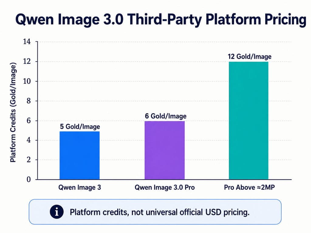 Bar chart comparing third-party Qwen Image pricing at 5 gold per image for Image 3, 6 gold for Image 3.0 Pro, and 12 gold for Pro images above approximately 2 megapixels.