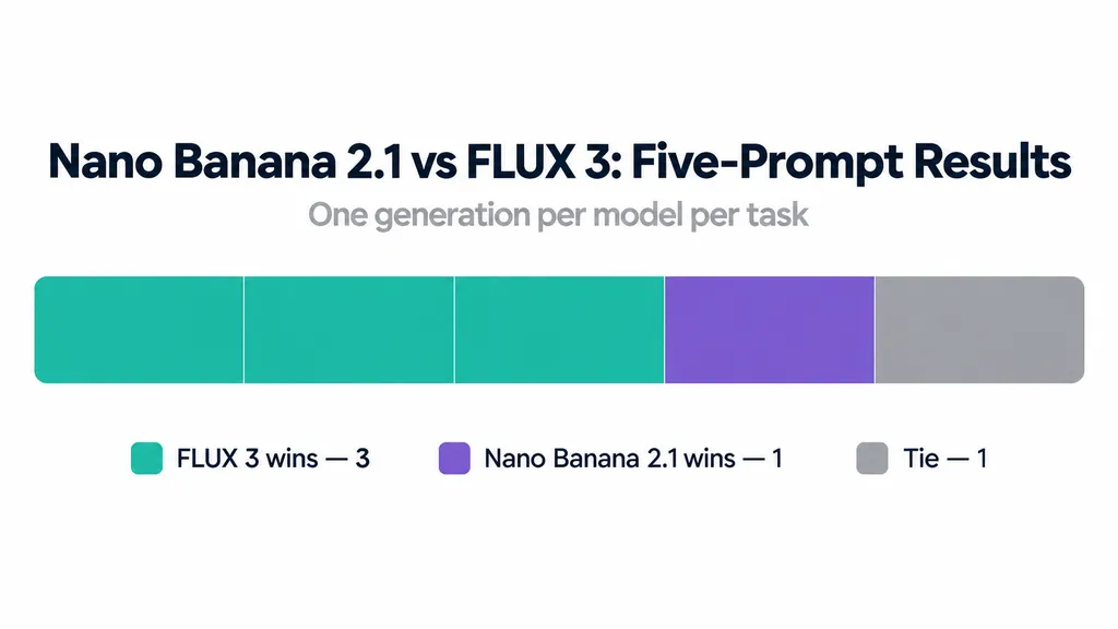 Five-prompt comparison showing FLUX 3 winning three tasks, Nano Banana 2.1 winning one task, and one tie.