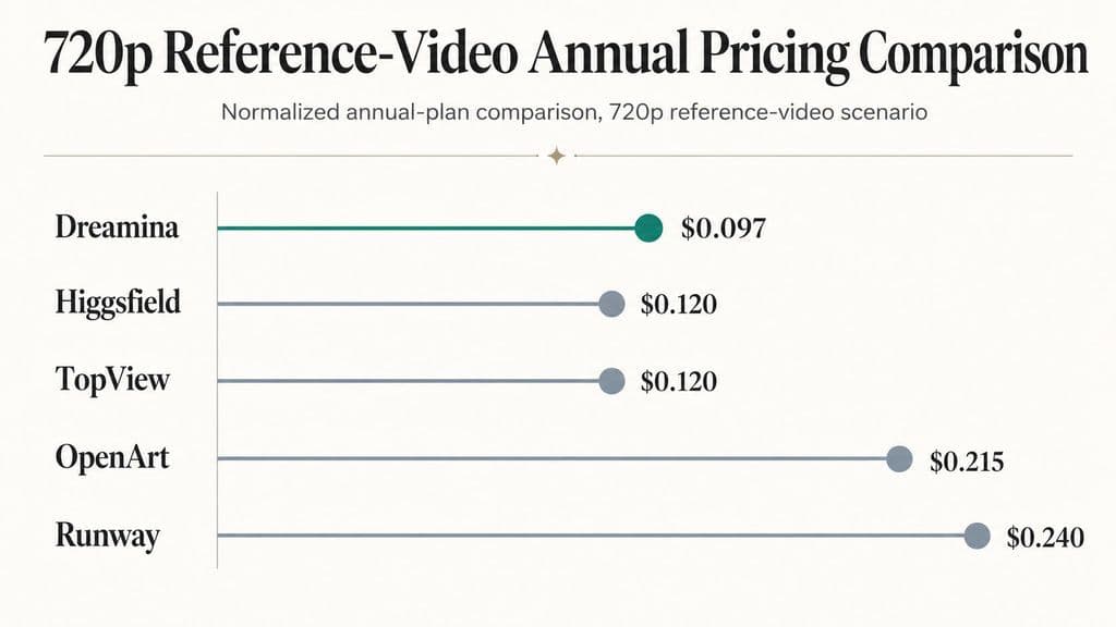 Lollipop chart comparing normalized 720p annual reference-video pricing: Dreamina at $0.097/s, Higgsfield and TopView at $0.120/s, OpenArt at $0.215/s, and Runway at $0.240/s