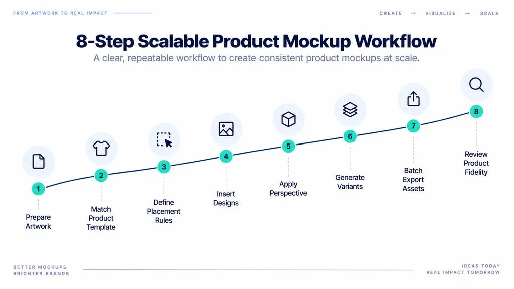 Eight-step product mockup workflow from preparing standardized artwork and matching a template through batch export and final product-fidelity review.