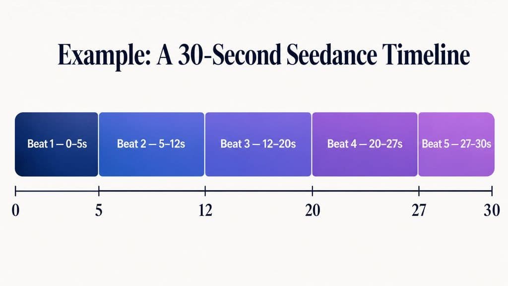 Thirty-second Seedance timeline divided into five beats: 0–5, 5–12, 12–20, 20–27, and 27–30 seconds.