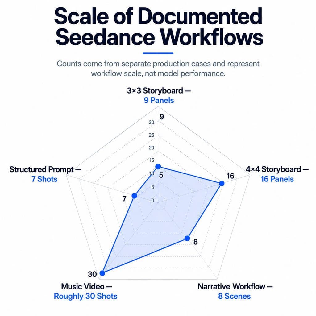 Radar chart comparing documented workflow scale: 9 storyboard panels, 16 storyboard panels, 8 narrative scenes, roughly 30 music-video shots, and 7 shots in one structured prompt.