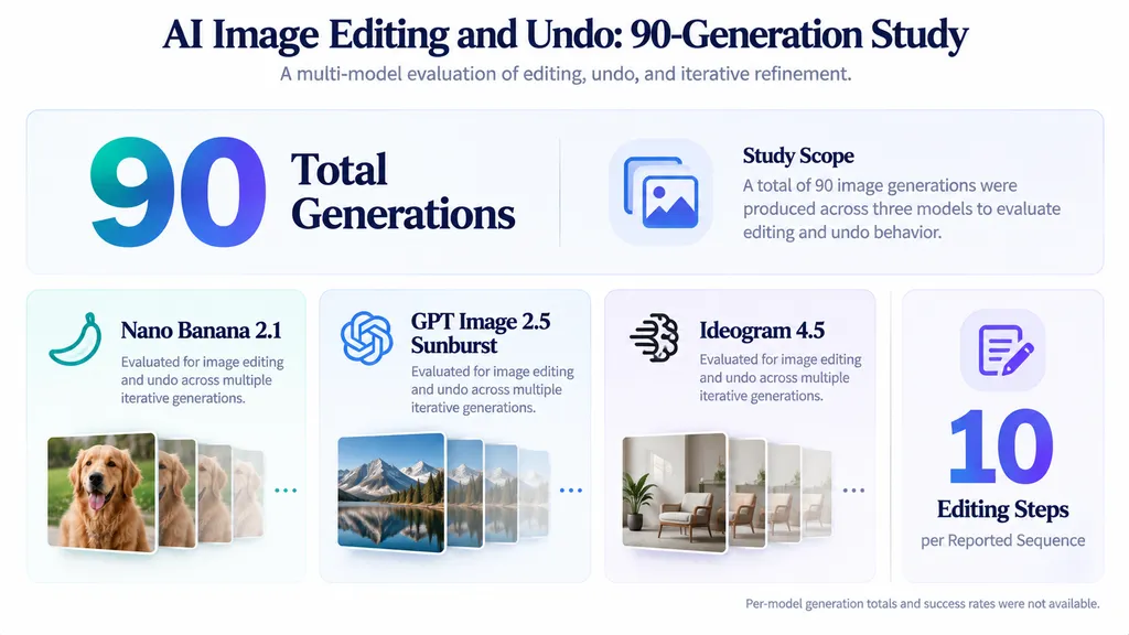 Research infographic showing a reported total of 90 generations across Nano Banana 2.1, GPT Image 2.5 Sunburst, and Ideogram 4.5, with 10-step editing sequences.