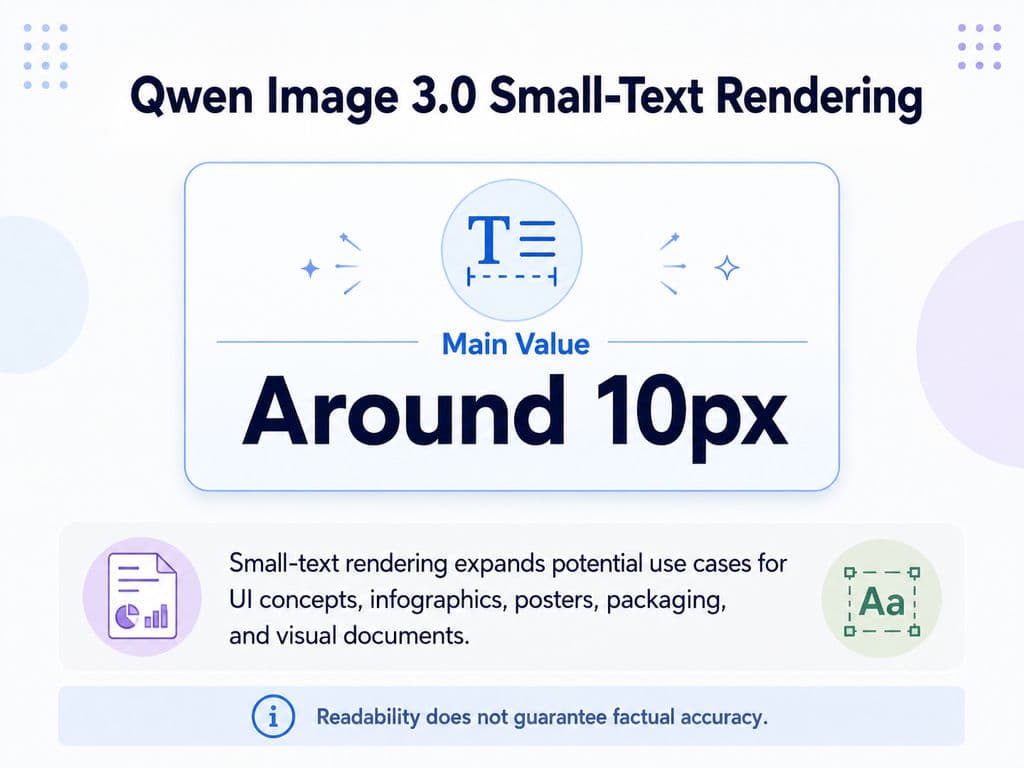 Graphic highlighting Qwen Image 3.0's reported ability to render text at around 10 pixels, with examples of professional design applications such as UI, posters, and infographics.
